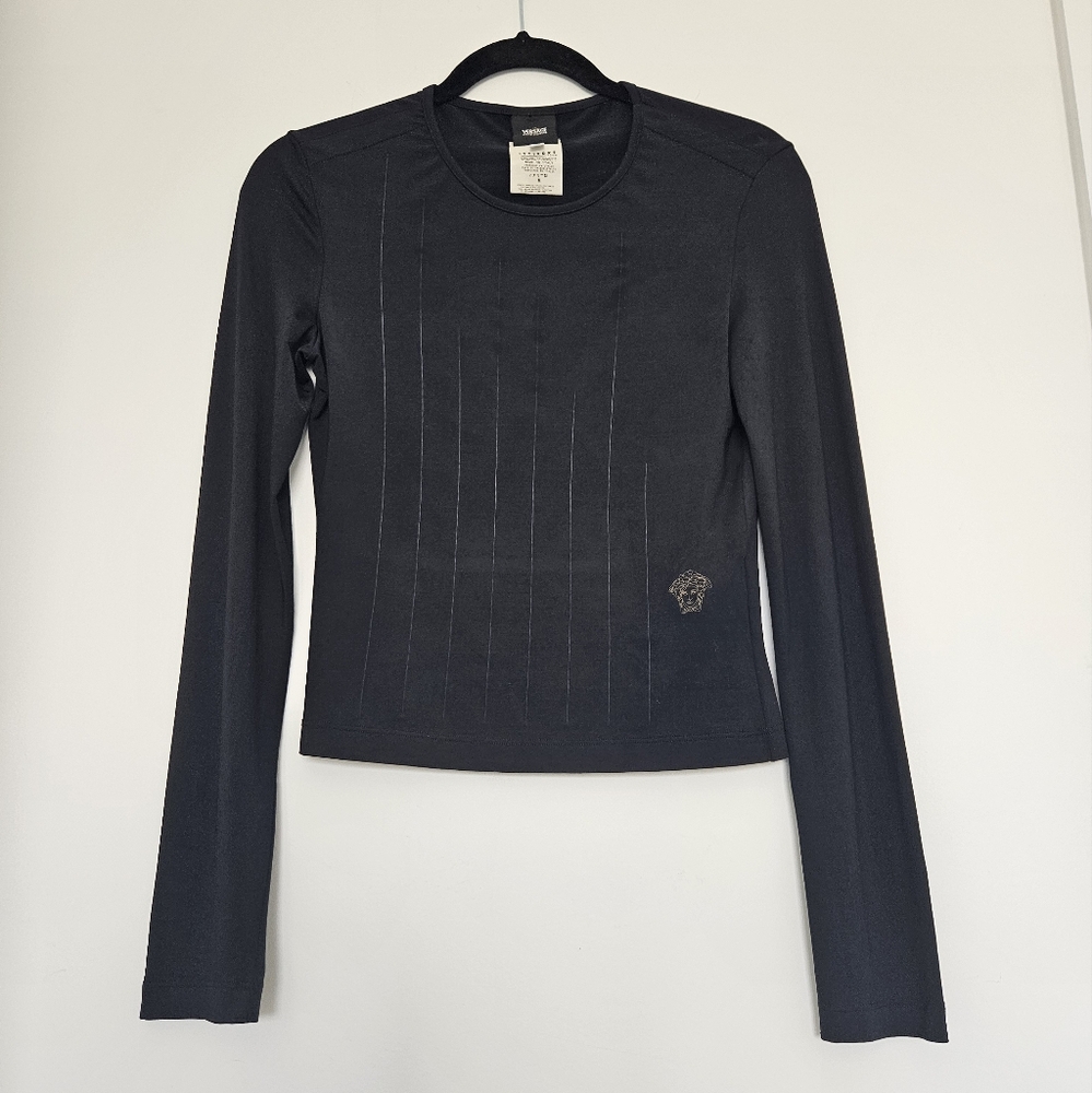 Versace Jeans Couture Vintage Black Gold Polyamide Long Sleeve Crew Medusa Top